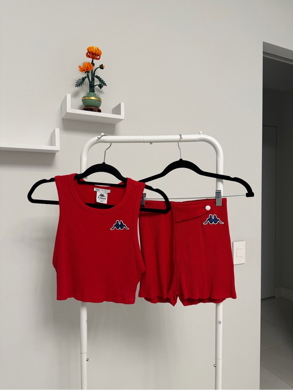 Kappa x Zara Red Ribbed Crop Tank & High-Rise Shorts Set